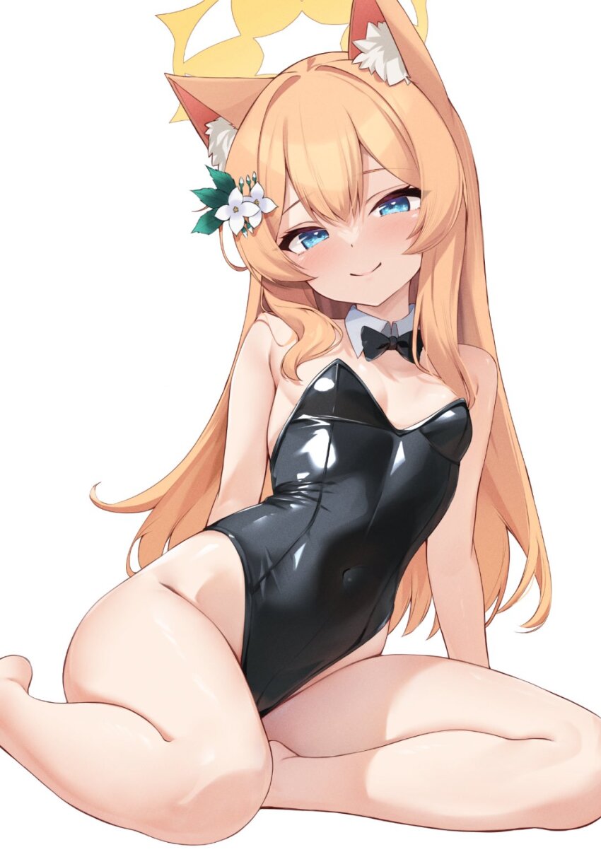 1girl alternate_costume animal_ear_fluff animal_ears aqua_eyes bare_shoulders barefoot black_bow black_thighhighs blue_archive bow breasts cat_ears collarbone detached_collar feet flower halo highres legs leotard long_hair mari_(blue_archive) orange_hair playboy_bunny simple_background small_breasts smile solo thighhighs white_background white_flower yellow_halo zarashi