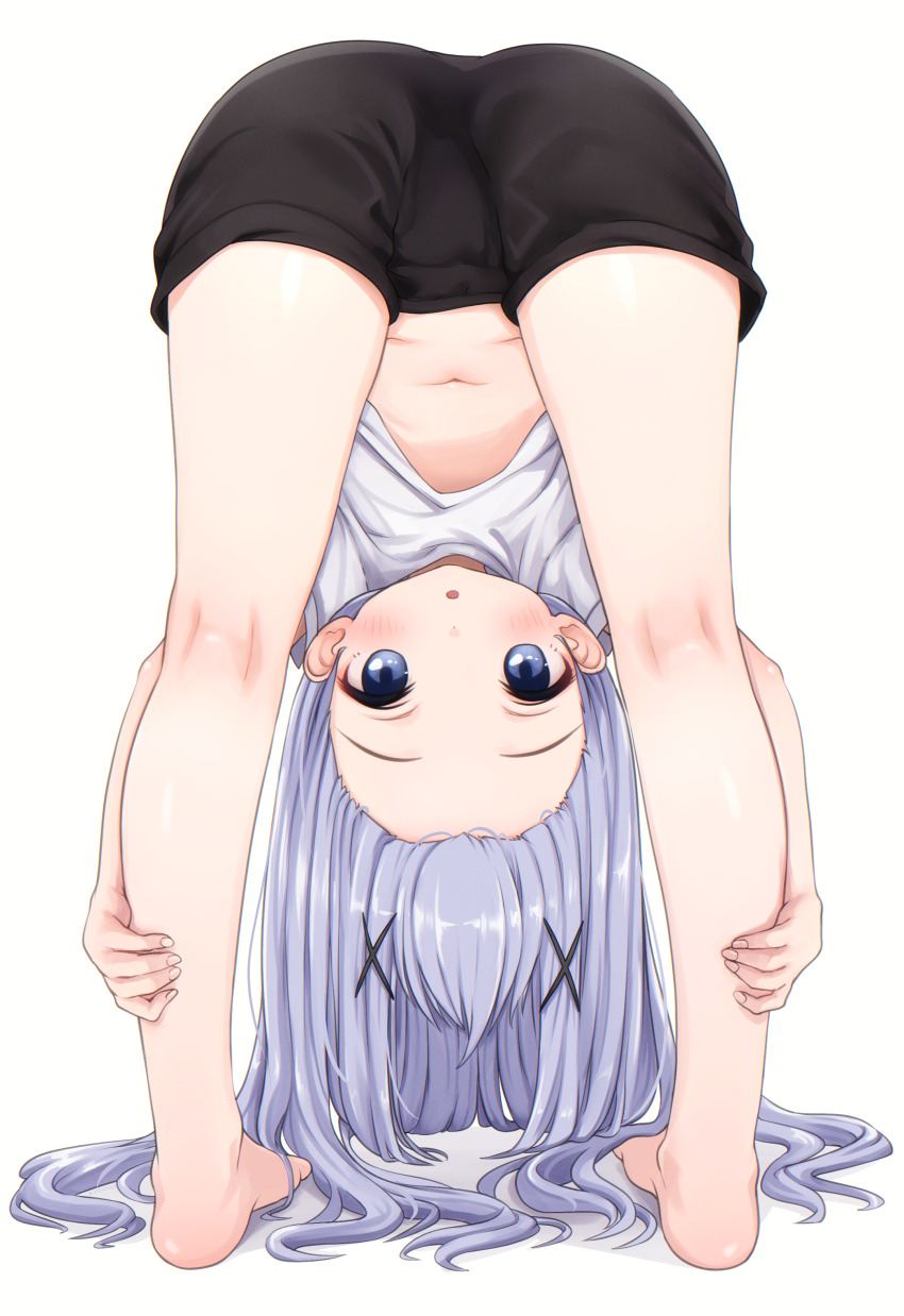 1girl :o absurdres barefoot black_shorts blue_eyes blue_hair commentary commission comodox english_commentary full_body gochuumon_wa_usagi_desu_ka? hair_ornament hairclip highres kafuu_chino kneepits loli long_hair looking_at_viewer looking_through_own_legs navel parted_lips pixiv_commission shirt short_shorts shorts simple_background solo standing white_background white_shirt x_hair_ornament