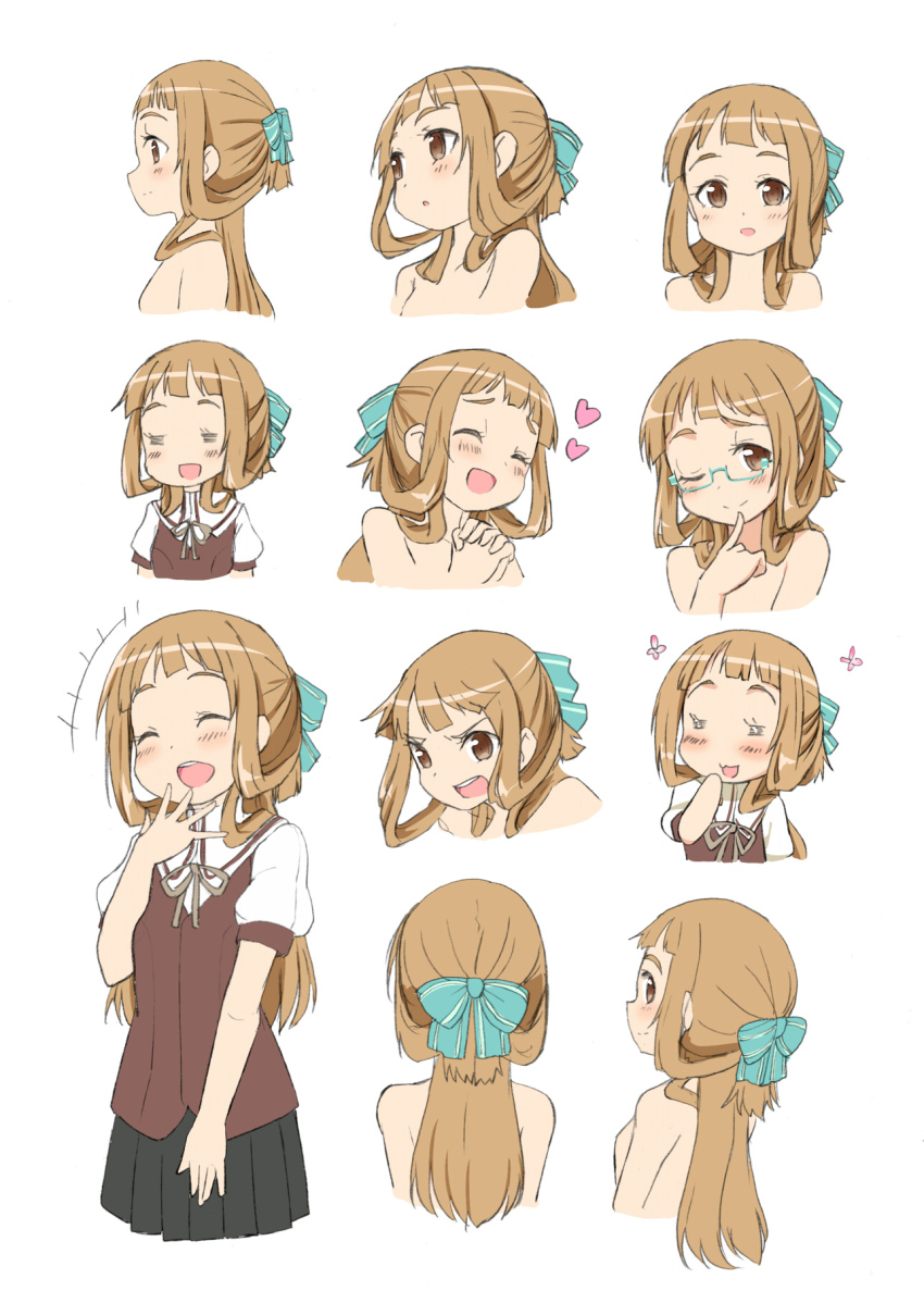 +++ 1girl :3 :d ;) =_= ^^^ ^_^ agenasu aqua-framed_eyewear aqua_bow bare_shoulders blonde_hair blush bow breasts brown_eyes brown_ribbon closed_eyes closed_mouth expressions closed_eyes finger_to_mouth flower glasses hair_bow head_tilt heart highres laughing long_hair looking_at_viewer looking_away multiple_views nogi_sonoko one_eye_closed open_mouth own_hands_clasped own_hands_together parted_lips profile puffy_short_sleeves puffy_sleeves ribbon school_uniform semi-rimless_eyewear short_sleeves sideways_mouth simple_background sketch small_breasts smile rectangular_mouth striped striped_bow under-rim_eyewear washio_sumi_wa_yuusha_de_aru white_background yuusha_de_aru