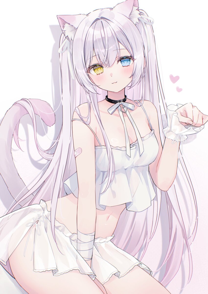 1girl :3 animal_ears bandaid bare_shoulders between_legs black_choker blue_eyes breasts camisole cat_day cat_ears cat_girl cat_tail choker cleavage closed_mouth crop_top crop_top_overhang hand_between_legs heterochromia highres long_hair looking_at_viewer medium_breasts midriff miniskirt navel neck_ribbon original paw_pose ribbon see-through_clothes see-through_shirt see-through_skirt shano_hiyori shirt side_slit skirt sleeveless sleeveless_shirt small_breasts smile solo spaghetti_strap stomach strap_slip tail very_long_hair white_hair white_shirt white_skirt wrist_cuffs yellow_eyes