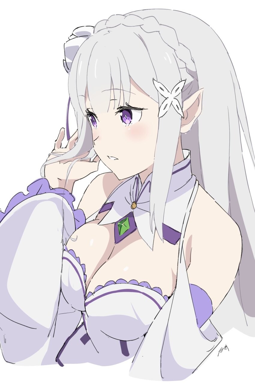 1girl braid breasts cleavage detached_sleeves dress elf emilia_(re:zero) flower gem green_gemstone hair_flower hair_ornament hair_ribbon highres large_breasts long_hair long_sleeves nagi_mkrnpn pointy_ears purple_eyes purple_ribbon re:zero_kara_hajimeru_isekai_seikatsu ribbon sidelocks white_dress white_flower white_hair x_hair_ornament