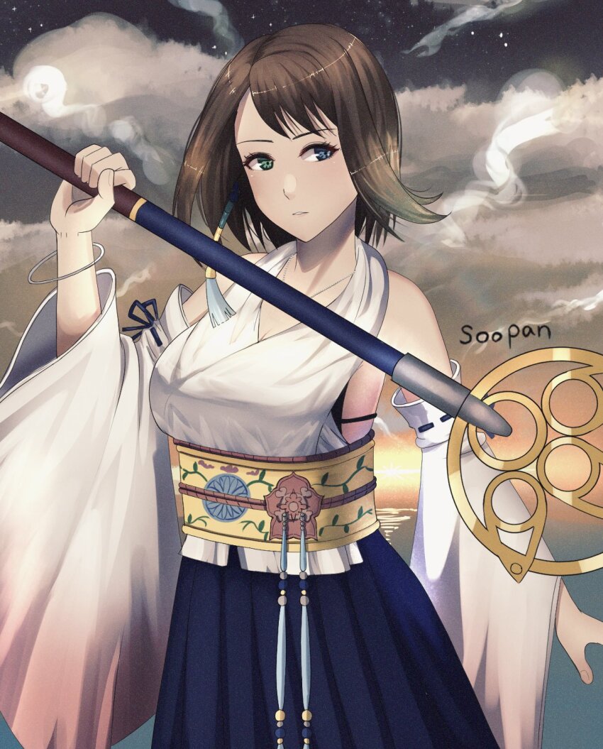 1girl black_bra blue_eyes blue_hakama bra breasts brown_hair cleavage cloud detached_sleeves earrings final_fantasy final_fantasy_x green_eyes hakama hakama_skirt highres holding holding_weapon japanese_clothes jewelry medium_breasts necklace obi sash short_hair single_earring skirt sky solo soosupaan staff sunset two-tone_eyes underwear upper_body weapon yuna_(ff10)