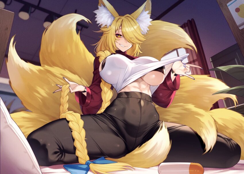 1girl abs animal_ear_fluff animal_ears black_bra blonde_hair blue_bow borrowed_character bow bra bracelet braid breasts cluseller covered_navel curtains from_below hair_bow hair_over_one_eye indoors jewelry large_breasts long_hair looking_at_viewer looking_down low-tied_long_hair multiple_tails nail_polish navel original plant potted_plant sitting smile solo spread_legs studio_lights tail tsurime turtleneck underboob underwear undressing very_long_hair wardrobe wide_spread_legs window yellow_eyes