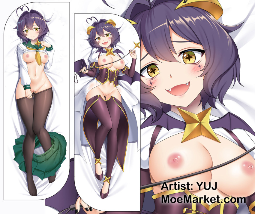 1girl antenna_hair blush breasts dakimakura_(medium) demon_girl demon_horns facial_tattoo highres hiiragi_utena horns looking_at_viewer magia_baiser mahou_shoujo_ni_akogarete solo tattoo yellow_eyes