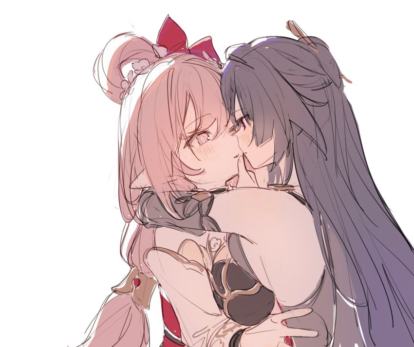 2girls absurdres bare_shoulders blush breasts couple dress elf elysia_(herrscher_of_human:_ego)_(honkai_impact) elysia_(honkai_impact) elysia_(peachy_spring)_(honkai_impact) flower hair_between_eyes hair_flower hair_ornament hair_ribbon hand_on_another&#039;s_back hand_on_another&#039;s_chin hand_on_another&#039;s_waist highres honkai_(series) honkai_impact_3rd imminent_kiss large_breasts long_hair looking_at_another multiple_girls pink_eyes pink_hair pointy_ears purple_dress purple_hair raiden_mei raiden_mei_(herrscher_of_thunder) raiden_mei_(rainy_springtide) red_dress red_ribbon ribbon roena very_long_hair white_background yuri