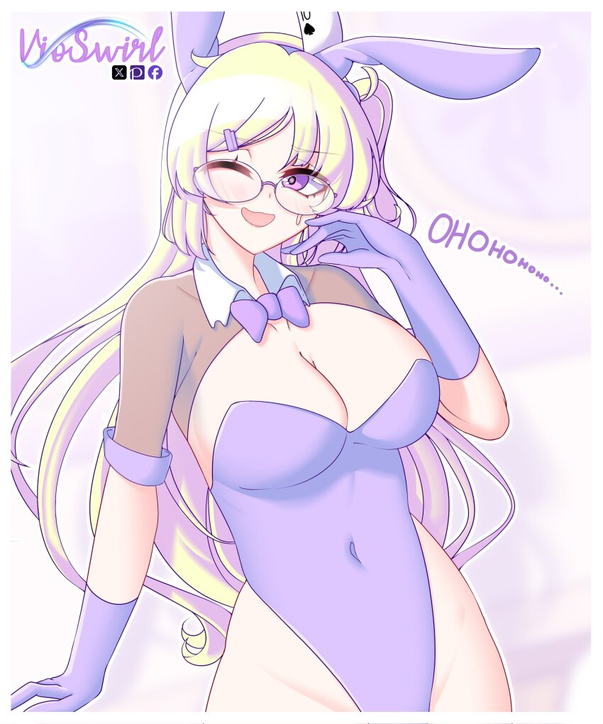 1girl animal_ears blonde_hair bow bowtie breasts card fake_animal_ears glasses hair_ornament leotard long_glove long_hair one_eye_closed open_mouth original playboy_bunny purple_eyes rabbit_ears simple_background sweat tagme vioswirl