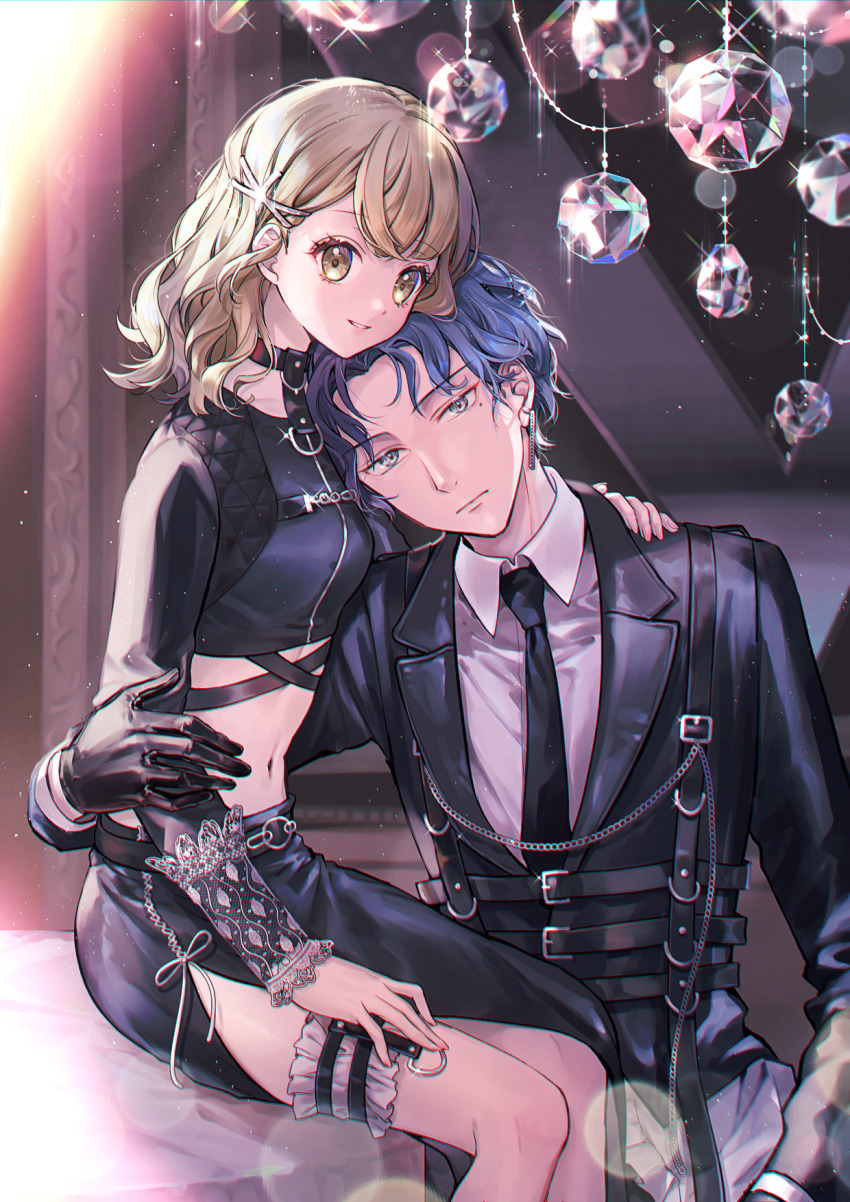 1boy 1girl aoyagi_touya azusawa_kohane belt_buckle black_gloves black_necktie black_skirt blue_hair breasts buckle closed_mouth collared_shirt commentary earrings gloves hand_on_another&#039;s_shoulder hand_on_own_thigh harness head_on_another&#039;s_chest highres jewelry lapels long_sleeves looking_at_viewer mole mole_under_eye momoko_(momoko14) multicolored_hair navel necktie notched_lapels official_alternate_costume official_alternate_hairstyle project_sekai shirt short_hair sitting skirt small_breasts split-color_hair two-tone_hair wavy_hair white_shirt zozotown