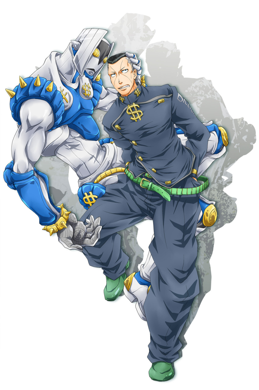 2boys black_hair gakuran grey_hair highres jojo_no_kimyou_na_bouken multiple_boys nijimura_okuyasu scar school_uniform sima2tei stand_(jojo) the_hand_(stand)