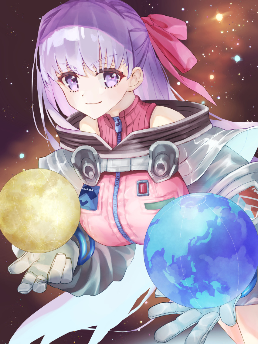 1girl aopix_001 bb_cosmo_(fate) blush breasts fate/grand_order fate_(series) hair_ribbon helmet highres large_breasts leotard long_hair long_sleeves pink_leotard planet purple_eyes purple_hair ribbon shrug_(clothing) smile solo space_helmet spacesuit very_long_hair