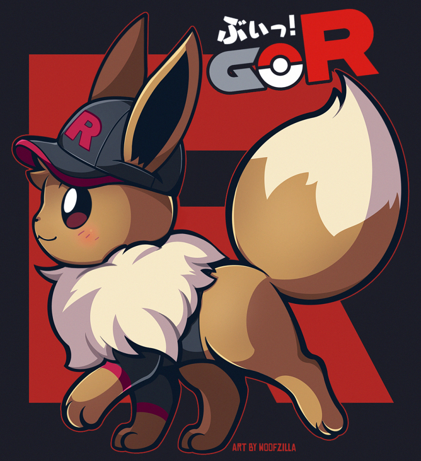 :3 artist_name baseball_cap black_background black_hat black_shirt closed_mouth clothed_pokemon creatures_(company) eevee from_side full_body game_freak gen_1_pokemon group_name hat highres light_blush looking_ahead nintendo no_humans outline pokemon pokemon_(creature) pokemon_focus profile red_outline shirt solo team_rocket team_rocket_uniform walking woofzilla