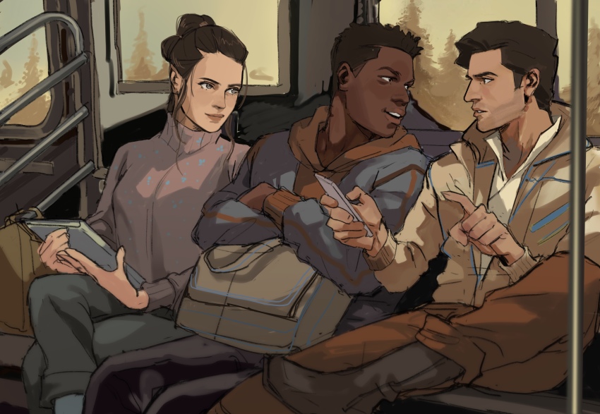 1girl 2boys absurdres alternate_universe animification backpack bag black_hair blouse boots breasts brown_eyes brown_footwear brown_hair brown_jacket brown_pants cellphone closed_mouth collared_shirt commentary contemporary crossed_arms crossed_legs ctstudio_(executional) dark-skinned_male dark_skin english_commentary finn_(star_wars) grey_eyes grey_pants hair_bun highres holding holding_phone hood hoodie jacket lips long_sleeves looking_at_another looking_to_the_side multiple_boys open_clothes open_jacket open_mouth pants parted_lips phone pink_lips pink_shirt poe_dameron pointing rey_(star_wars) seat shirt short_hair single_hair_bun sitting sketch smile star_wars sweater teeth train_interior turtleneck turtleneck_sweater upper_teeth_only white_shirt window