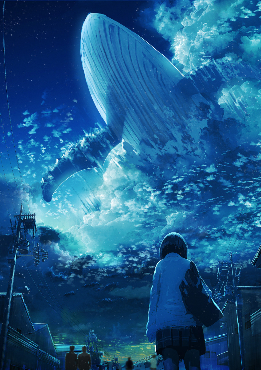 1girl absurdres animal bag blue_theme chooco_(chocoshi) cloud flying_whale highres night original outdoors oversized_animal people power_lines scenery shirt short_hair skirt sky surreal town utility_pole whale white_shirt white_whale wide_shot