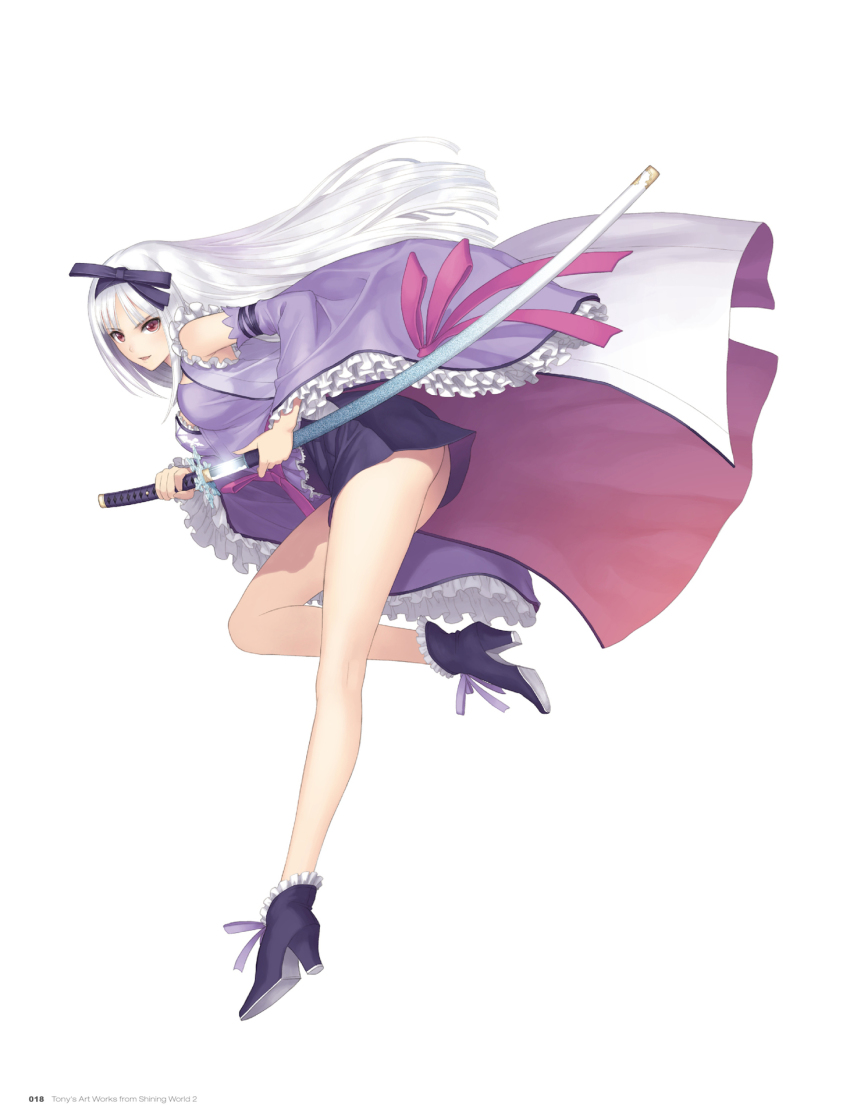 10s 1girl ass bow detached_sleeves female_focus flat_ass frilled_sleeves frills hair_bow hayane_fubuki highres japanese_clothes katana long_hair long_legs long_sleeves official_art red_eyes ribbon scabbard sheath shining_(series) shining_hearts shining_world shoes skirt solo sword tony_taka unsheathing weapon white_hair