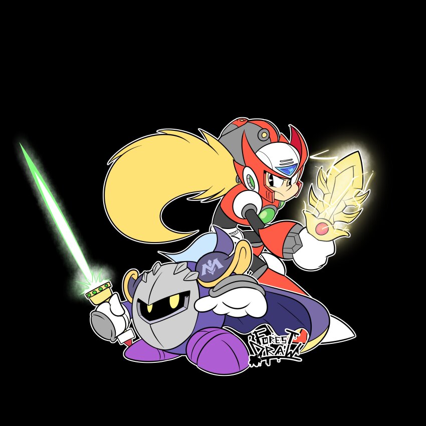 2boys absurdres android armor artist_logo black_background blonde_hair cape commentary crossover english_commentary full_body galaxia_(sword) gloves helmet highres kirby_(series) logo male_focus mega_man_(series) mega_man_x_(series) meta_knight multiple_boys nintendo outline pauldrons ponytail purple_cape red_helmet shoulder_armor simple_background uncle_forest white_gloves white_outline yellow_eyes z_saber zero_(mega_man)