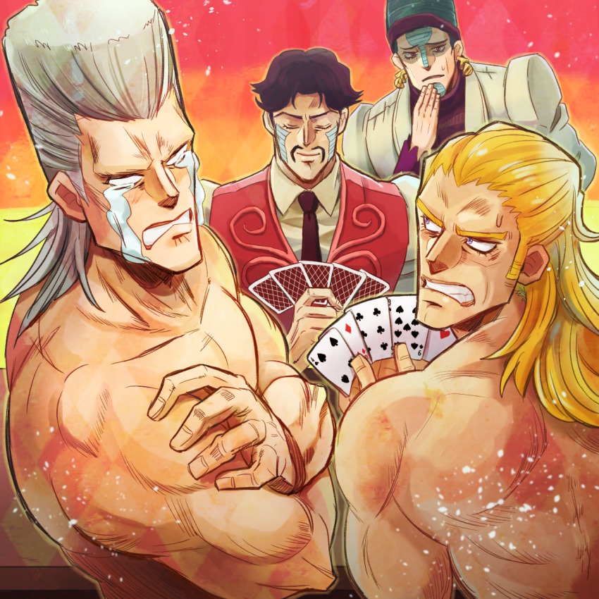 4boys black_hair blonde_hair card daniel_j._d&#039;arby grey_hair highres hol_horse jean_pierre_polnareff jojo_no_kimyou_na_bouken male_focus mizumoto_nazuna multiple_boys playing_card tears terence_t._d&#039;arby