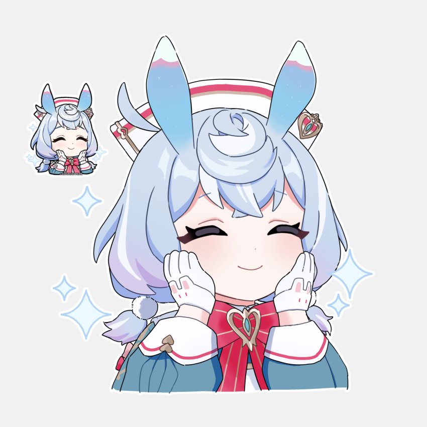 1girl ^_^ animal_ears aqua_shirt blue_hair blush bow bowtie brooch closed_eyes closed_mouth commentary_request crossed_bangs genshin_impact genshin_impact_sticker_redraw_(meme) gloves gradient_hair grey_background hair_between_eyes hair_ornament hands_on_own_cheeks hands_on_own_face hands_up hat highres ili_yi jewelry long_sleeves low_twintails medium_hair meme multicolored_hair nurse_cap official_art_inset pink_bow pom_pom_(clothes) pom_pom_hair_ornament puffy_long_sleeves puffy_sleeves purple_hair red_bow red_bowtie reference_inset shirt sidelocks sigewinne_(genshin_impact) simple_background smile solo sparkle twintails upper_body white_gloves white_hat