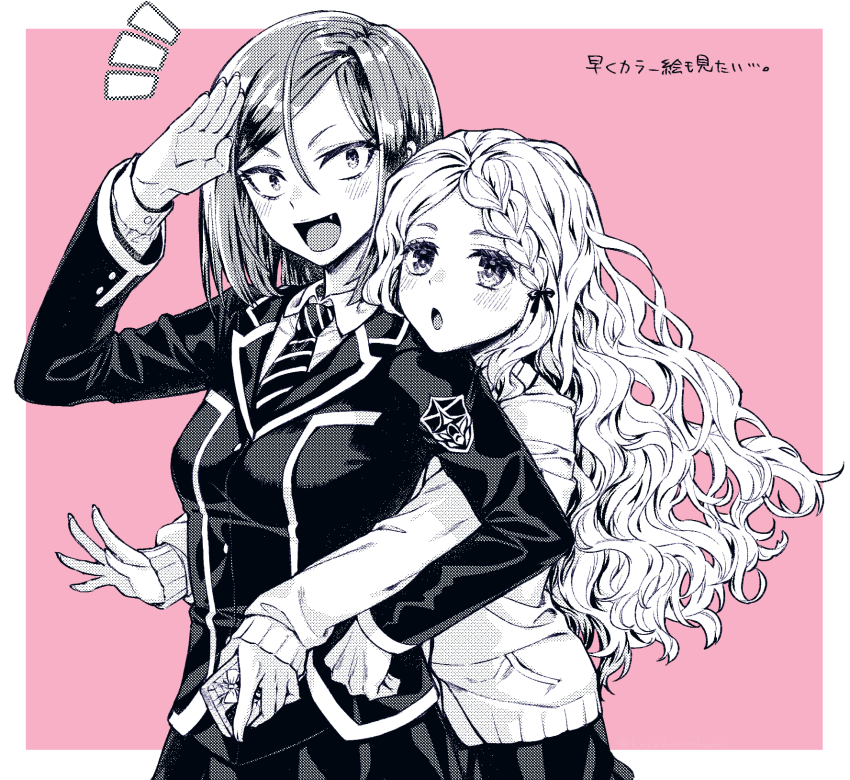 2girls ayakashi_triangle bad_id bad_twitter_id braid cardigan cellphone highres hug hug_from_behind kazakamiokenai multiple_girls partial_monochrome phone salute school_uniform smartphone toba_yayoi tsukioka_lucy