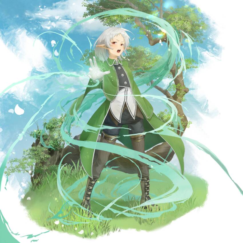 1girl absurdres boots cloak duang_(user_tsag8258) elf falling_petals full_body gloves grass green_cloak grey_boots grey_pants highres looking_at_viewer magic medium_hair mushoku_tensei open_mouth outdoors pants petals pointy_ears reaching reaching_towards_viewer red_eyes sky solo standing sylphiette_(mushoku_tensei) tree white_gloves white_hair