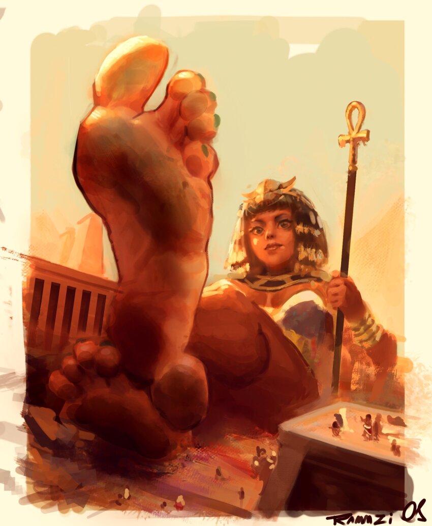 1girl ancient_egyptian ankh artist_name barefoot breasts building crossed_legs crowd foot_focus giant giantess headdress jewelry legs_up multiple_boys original outdoors rammzi sky soles staff toes