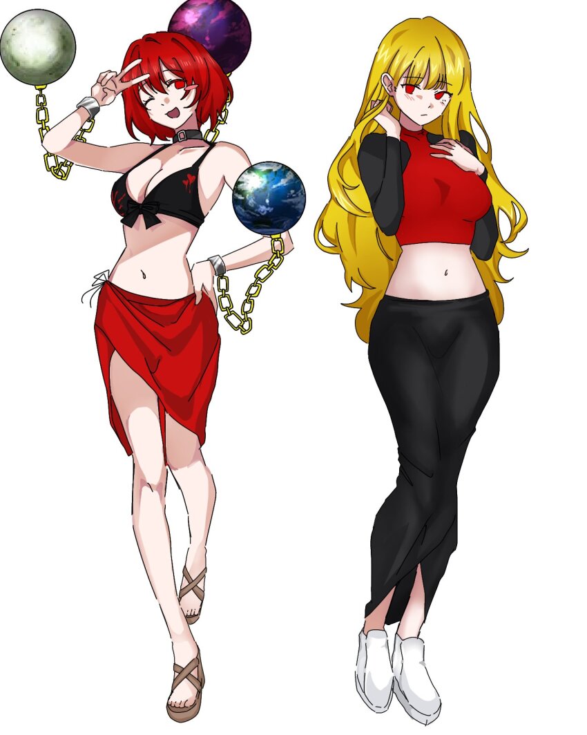 2girls blonde_hair breasts casual choker earth_(ornament) full_body hand_on_own_hip hecatia_lapislazuli highres junko_(touhou) long_skirt looking_at_viewer moon_(ornament) multiple_girls red_eyes red_hair simple_background skirt smile tohl1ve_r10 touhou underworld_(ornament) v white_background