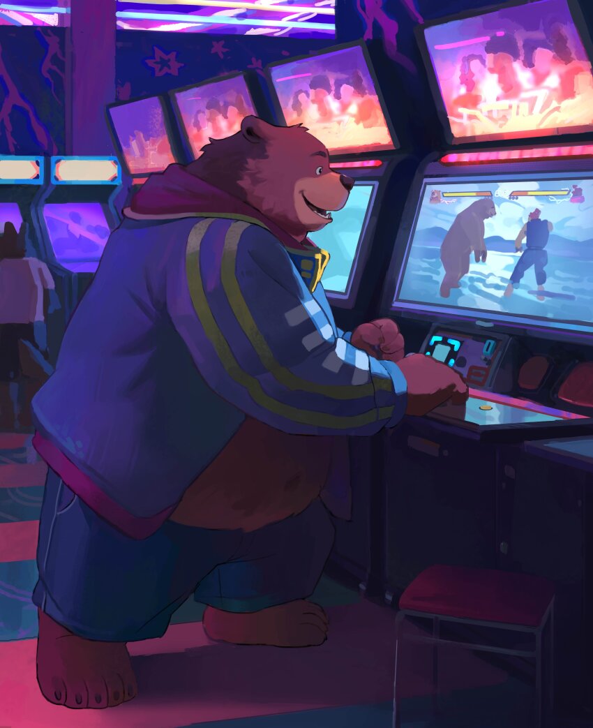 1boy absurdres akuma_(street_fighter) animal_ears arcade arcade_cabinet barefoot bear_boy bear_ears belly blue_jacket blue_pants brown_fur claws commentary english_commentary fat furry furry_male highres huynh_minh_duy jacket kuma_(tekken) looking_at_screen male_focus navel open_mouth original pants plump smile standing street_fighter tekken tekken_7