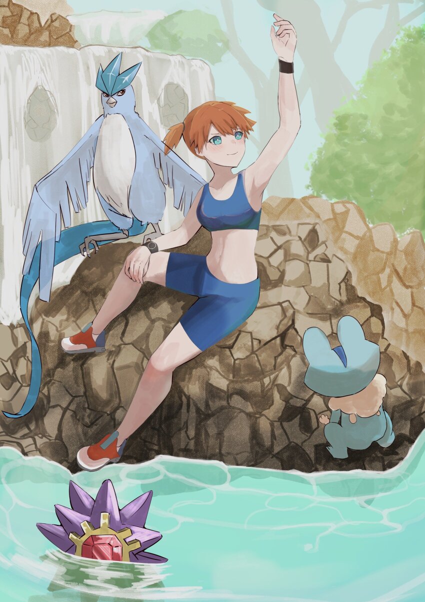 1girl articuno asymmetrical_hair bikini blue_bikini blue_eyes breasts closed_mouth creatures_(company) day froakie game_freak gen_1_pokemon gen_6_pokemon gym_leader highres legendary_pokemon looking_at_viewer looking_up midriff misty_(pokemon) navel nintendo orange_hair outdoors pokemon pokemon_(anime) pokemon_(classic_anime) pokemon_frlg pokemon_gby ponytail rock shoes short_hair shorts side_ponytail sitting smile solo starmie swimsuit watch water waterfall wristband