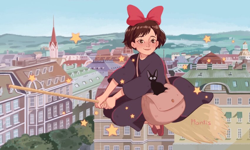 1girl artist_name bag black_cat black_dress blue_sky blush bob_cut bow broom broom_riding brown_bag brown_eyes brown_hair building cat church city clear_sky closed_mouth commentary derivative_work dress eyelashes feet_up flying foliage from_side ghibli_redraw_challenge_(meme) gradient_sky hair_bow hashtag-only_commentary highres holding holding_broom jiji_(majo_no_takkyuubin) kiki_(majo_no_takkyuubin) light_blush long_sleeves looking_at_viewer looking_to_the_side majo_no_takkyuubin meme messenger_bag mountainous_horizon nose_blush nura_mantis pink_lips red_bow red_footwear redrawn riding rooftop scene_reference screenshot_redraw shoes short_hair shoulder_bag signature sitting sky smile solo star_(symbol) steeple swept_bangs tree