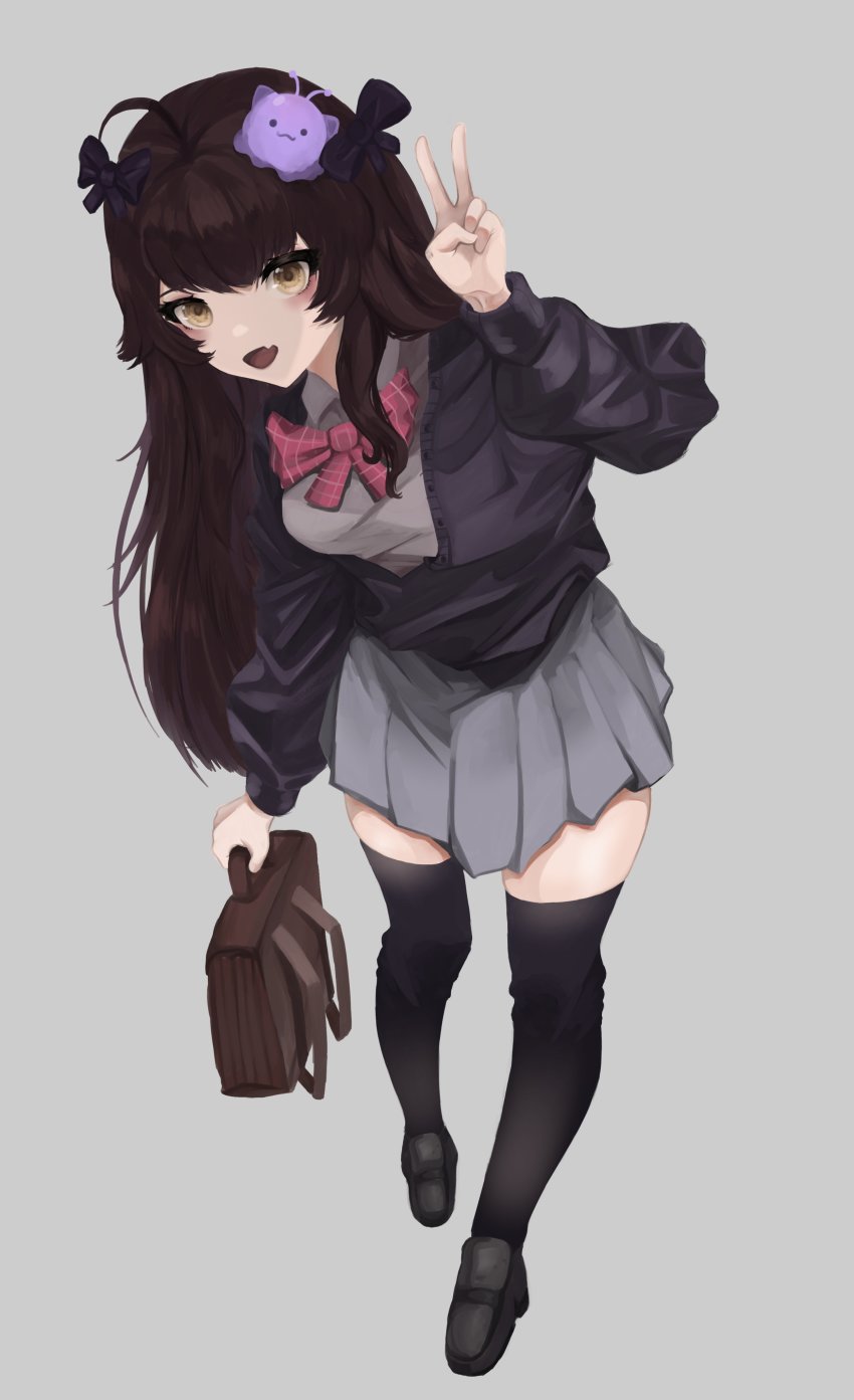 1girl absurdres bag black_thighhighs blob bow brown_hair cardigan centi_(nimu) hair_bow highres indie_virtual_youtuber long_hair looking_at_viewer nimu_(vtuber) pleated_skirt school_bag school_uniform skirt smile solo thighhighs v virtual_youtuber yubbiidraw