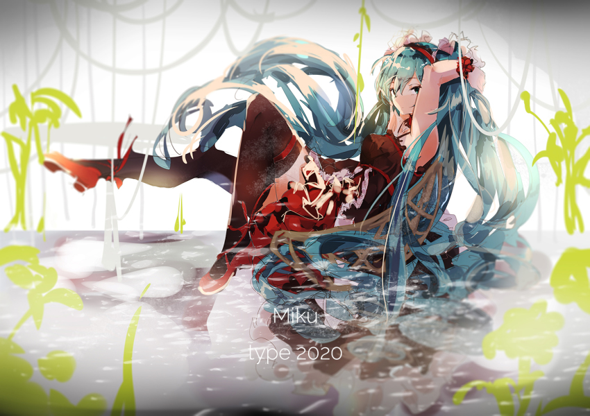 1girl 7th_dragon_(series) 7th_dragon_2020 7th_dragon_2020-ii aqua_hair arms_up bad_id bad_pixiv_id character_name copyright_name cuy7 female_focus from_side hatsune_miku long_hair looking_at_viewer sitting skirt solo thighhighs twintails very_long_hair vocaloid