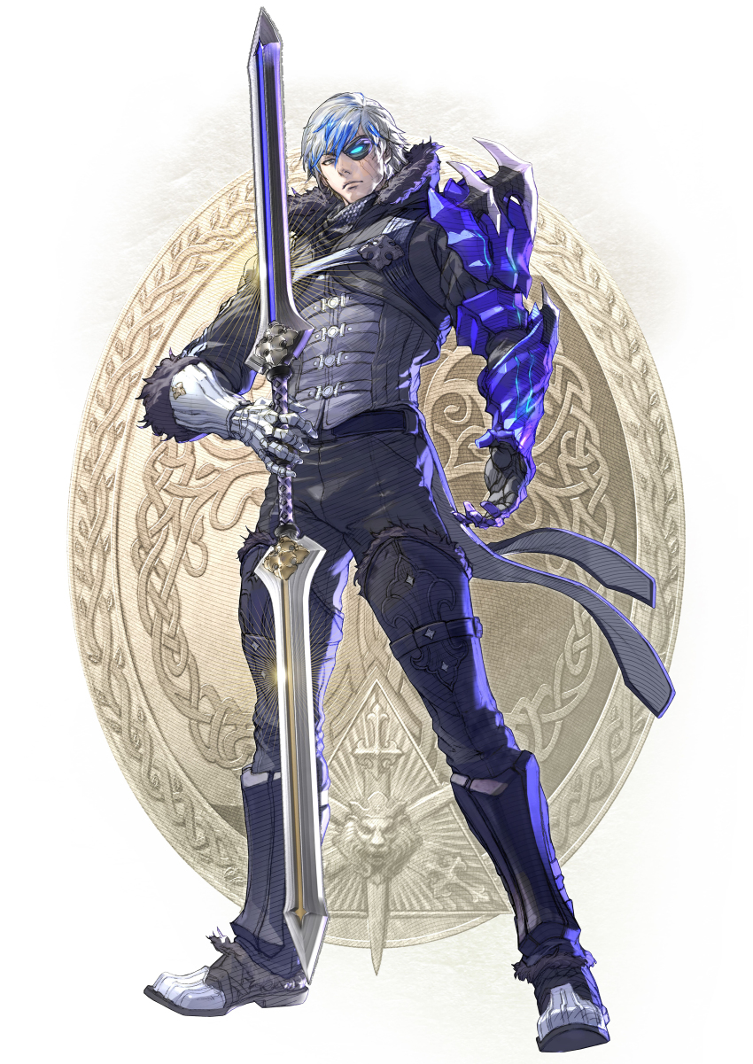 1boy absurdres armor belt blade blue_hair boots coat eyepatch fur fur_coat gloves groh highres jacket kawano_takuji knee_boots looking_at_viewer male_focus multicolored_hair namco official_art pants scar shirt solo soul_calibur soulcalibur soulcalibur_vi sword symbol weapon white_hair