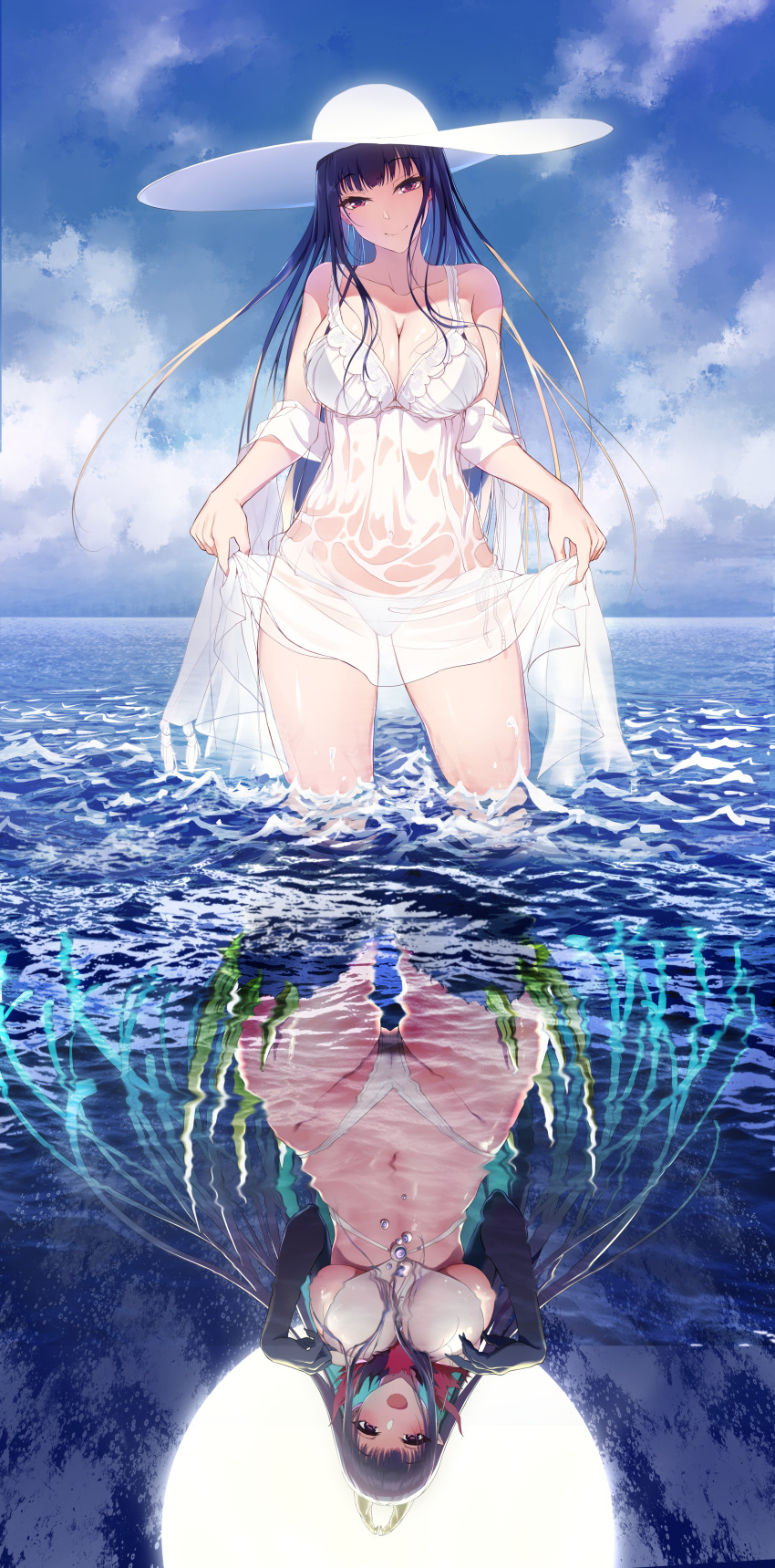 1girl absurdres ane_naru_mono bare_arms bare_legs bare_shoulders barefoot breasts chiyo_(ane_naru_mono) demon_girl demon_tail deoxysilicic_acid dress highres huge_filesize large_breasts looking_at_viewer mole mole_under_eye ocean see-through_clothes smile tail tentacles wet wet_clothes white_dress