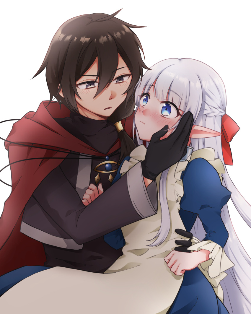 1boy 1girl apron blue_dress blue_eyes blush brown_hair brown_robe cape closed_mouth dress elf flat_chest full-face_blush grey_eyes hair_between_eyes hand_around_waist hand_on_another&#039;s_cheek hand_on_another&#039;s_face hand_on_another&#039;s_waist highres juliet_sleeves long_hair long_sleeves looking_at_another maid maid_apron maou_no_ore_ga_dorei_elf_wo_yome_ni_shitanda_ga_dou_medereba_ii? nattumin12 nephelia open_mouth pointy_ears puffy_sleeves red_cape robe short_hair simple_background sitting sitting_on_lap sitting_on_person upper_body very_long_hair white_apron white_background white_hair zagan_(maou_no_ore_ga)