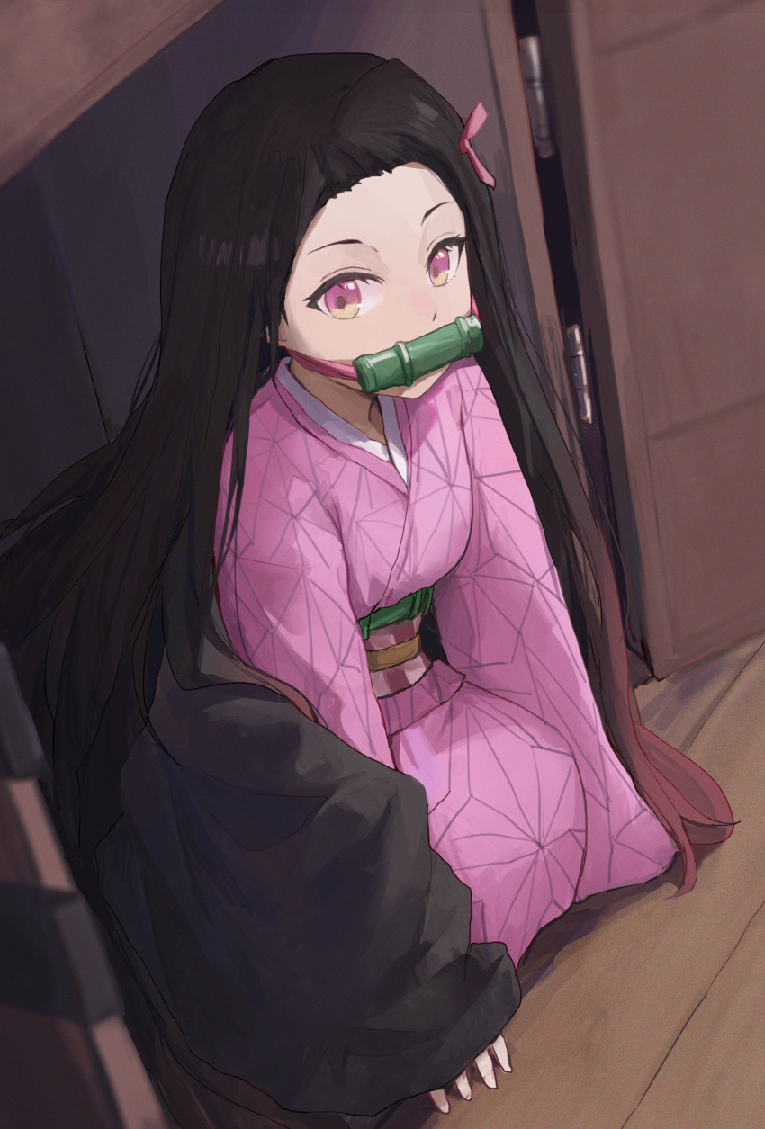 1girl absurdres bamboo bit_gag black_hair brown_hair checkered_sash gag gradient_hair hair_ribbon highres japanese_clothes jianjia kamado_nezuko kimetsu_no_yaiba kimono long_hair multicolored_hair pink_eyes pink_kimono pink_ribbon ribbon solo