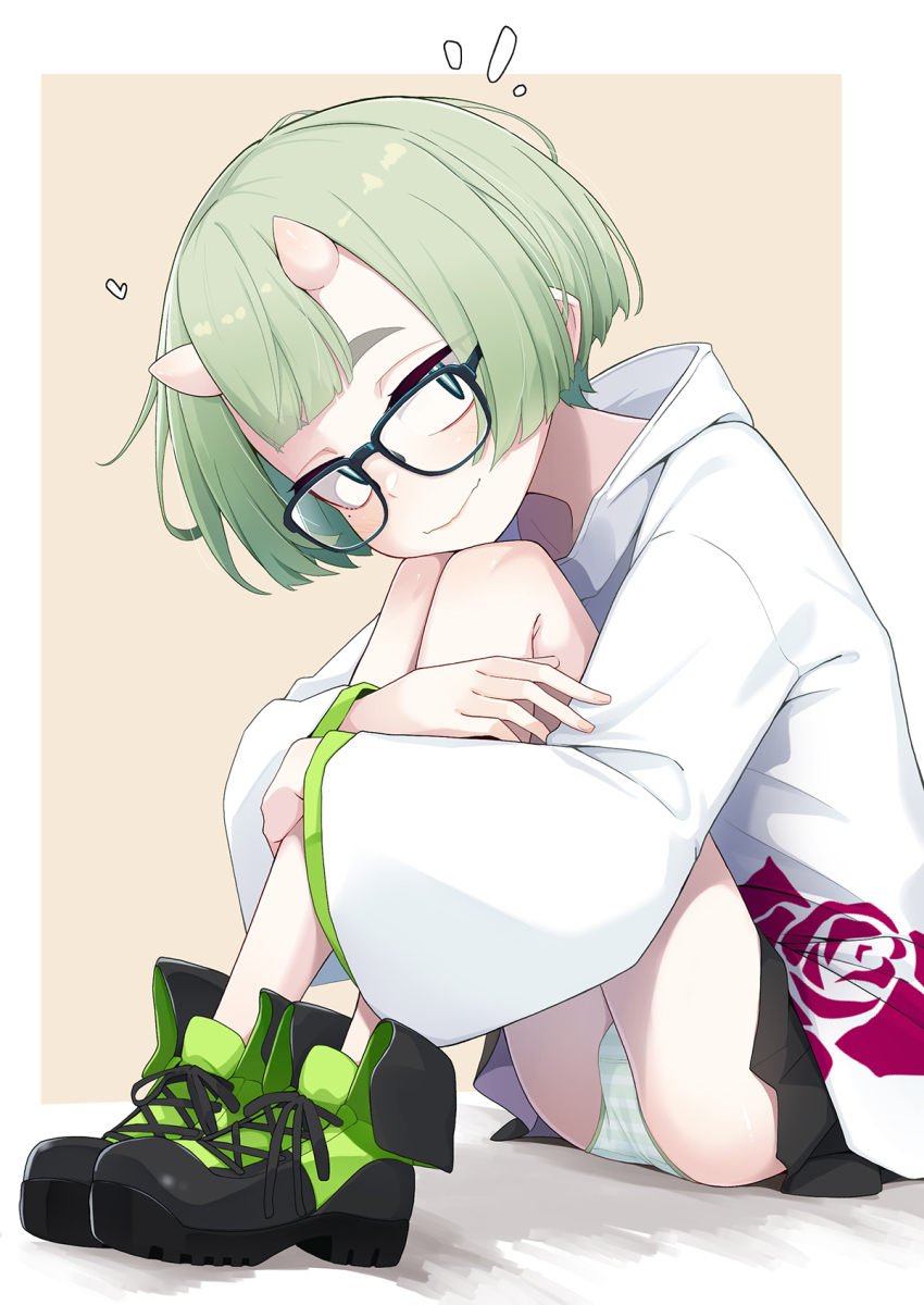 1girl akira_(ogami_kazuki) black_shoes black_skirt border brown_background closed_mouth commentary_request full_body glasses green_eyes green_hair green_panties highres horns hugging_own_legs jacket knees_up long_sleeves looking_at_viewer miniskirt ogami_kazuki original outside_border panties pantyshot pleated_skirt shoes short_hair simple_background sitting skin-covered_horns skirt sneakers solo striped_clothes striped_panties underwear white_border white_jacket