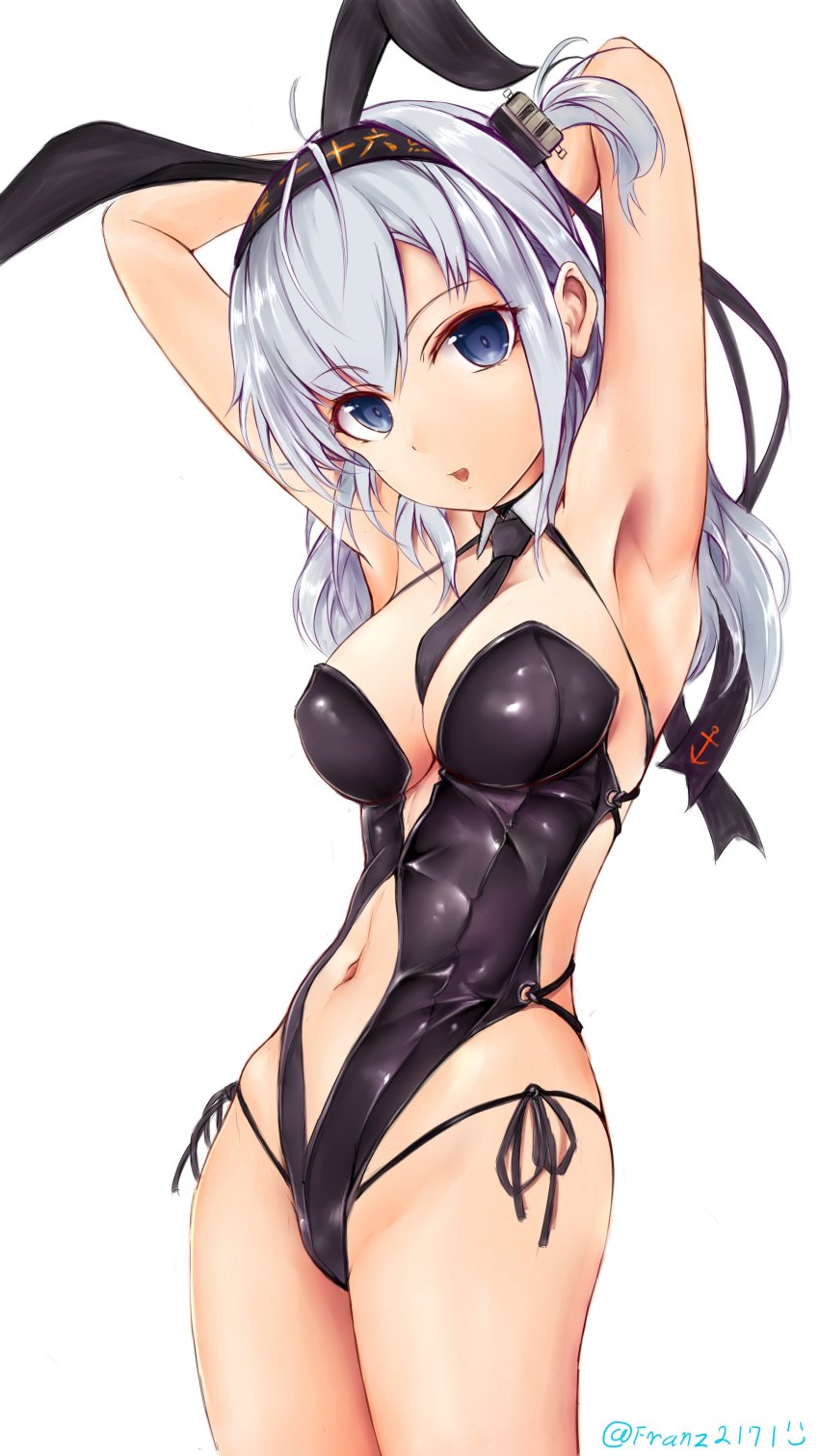 1girl absurdres animal_ears armpits arms_behind_head between_breasts blue_eyes breasts rabbit_ears cleavage collarbone detached_collar fake_animal_ears franz_(217franz) headband highres kantai_collection leotard long_hair looking_at_viewer medium_breasts navel playboy_bunny silver_hair simple_background solo suzutsuki_(kancolle) upper_body white_background