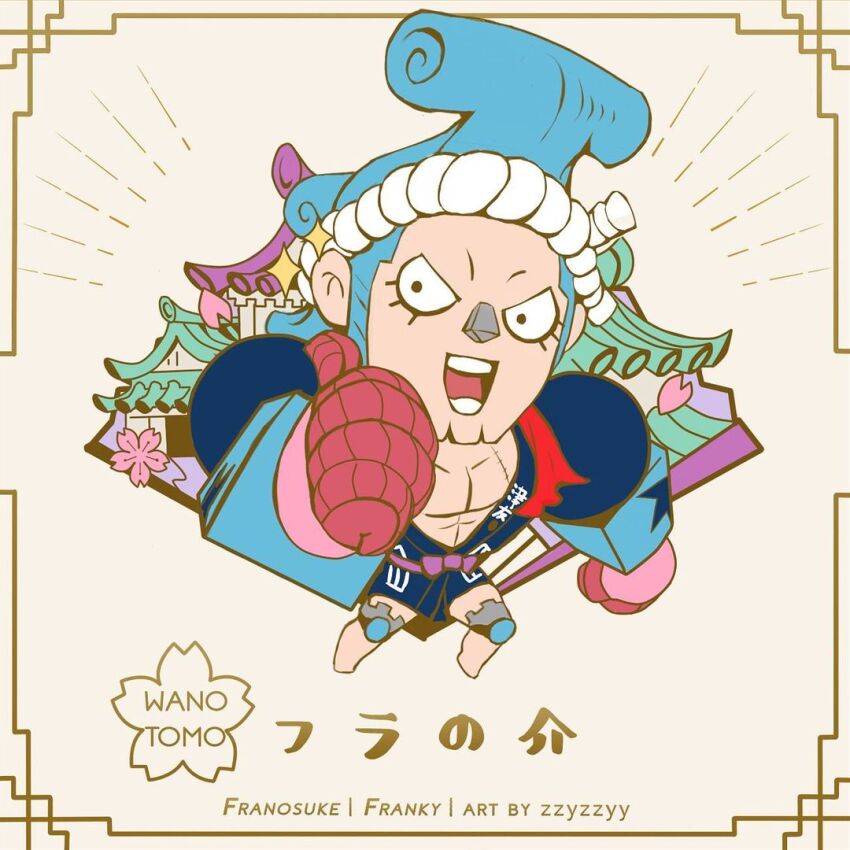 1boy artist_name blue_hair character_name chibi commentary cyborg english_commentary eyelashes flower franky_(one_piece) full_body house looking_to_the_side male_focus one_piece open_mouth petals pompadour purple_sash rope sash shimenawa sideburns solo sparkle zzyzzyy