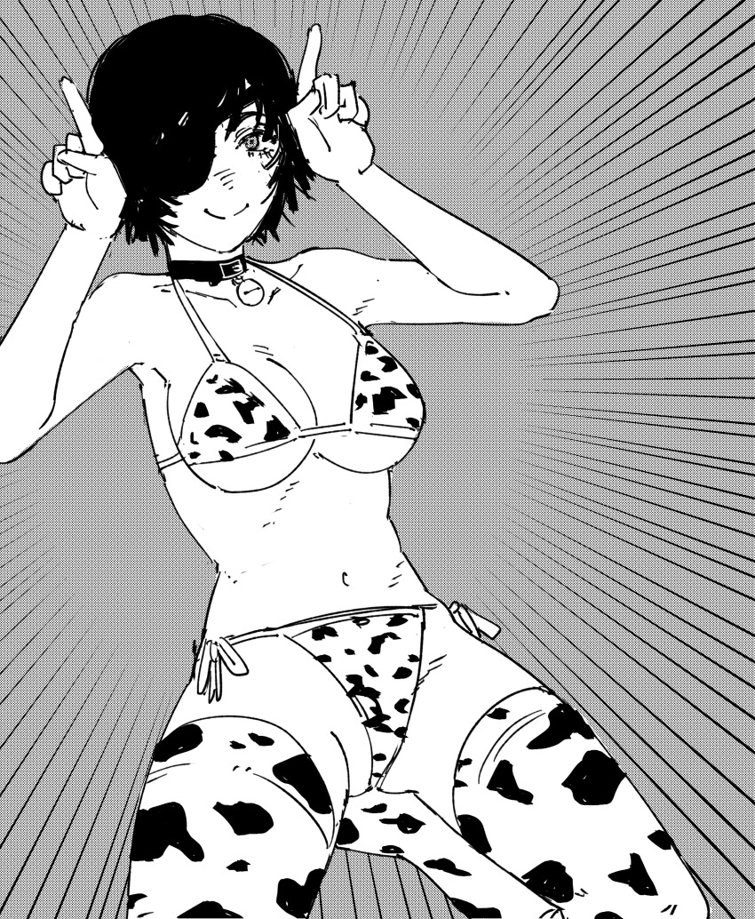 1girl absurdres animal_print arms_up bell bikini black_hair breasts chainsaw_man cleavage collar cow_print cow_print_bikini emphasis_lines eyepatch grey_background highres himeno_(chainsaw_man) horns_pose large_breasts leaning_back looking_at_viewer monochrome navel neck_bell one_eye_covered print_bikini print_thighhighs seiza short_hair side-tie_bikini_bottom simple_background sitting smile smirk solo stomach swept_bangs swimsuit thighhighs underboob xyanaid