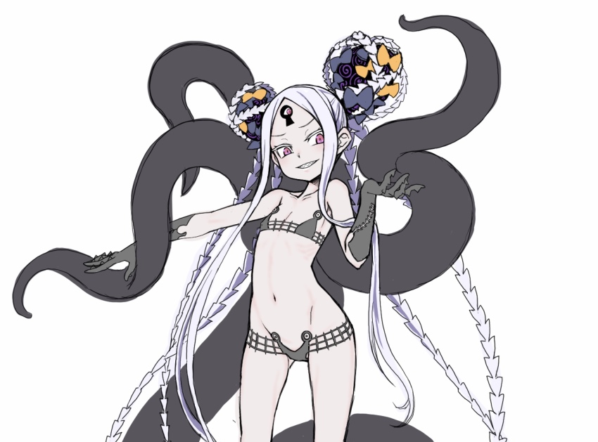 1girl abigail_williams_(fate) abigail_williams_(swimsuit_foreigner)_(fate) abigail_williams_(swimsuit_foreigner)_(first_ascension)_(fate) bikini black_bikini black_bow black_gloves bow cowboy_shot double_bun fate/grand_order fate_(series) flat_chest gloves grin hair_bow hair_bun highres keyhole long_hair looking_at_viewer navel orange_bow purple_eyes senbei_(avocadochaya) sharp_teeth simple_background smile solo swimsuit teeth tentacles third_eye very_long_hair white_background white_hair