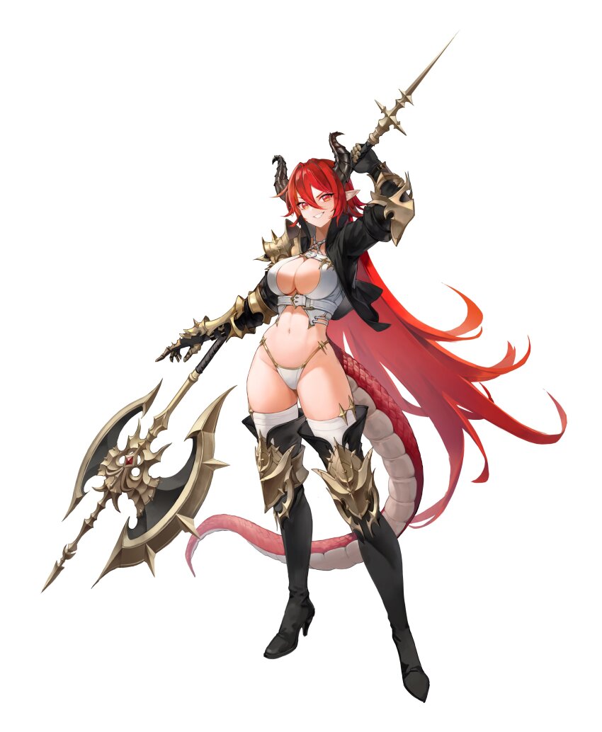 absurdres axe battle_axe belt black_footwear black_gloves black_shirt boots breasts cleavage commentary cropped_shirt dragon_girl dragon_horns dragon_tail english_commentary full_body geulemaen gloves hair_between_eyes high_collar highres holding holding_axe holding_weapon horns large_breasts long_hair looking_at_viewer navel open_clothes open_shirt original red_eyes red_hair red_scales shirt smile standing tail thigh_boots very_long_hair weapon white_belt white_scales