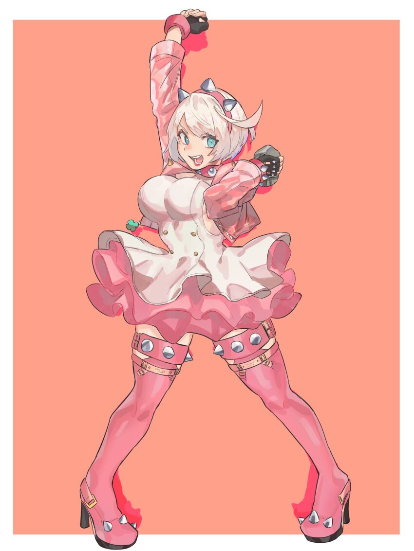 1girl ahoge arm_up black_gloves blue_eyes bob_cut boots bracelet breasts clover collar cropped_jacket dress elphelt_valentine fingerless_gloves four-leaf_clover full_body gloves guilty_gear guilty_gear_strive hairband highres huge_ahoge jacket jewelry large_breasts legs_apart looking_at_viewer luci_omi_gusu open_mouth pink_collar pink_footwear pink_hairband pink_jacket pink_skirt short_dress short_hair skirt sleeveless sleeveless_dress smile solo spiked_bracelet spiked_collar spiked_hairband spiked_thighlet spikes standing thigh_boots white_dress white_hair