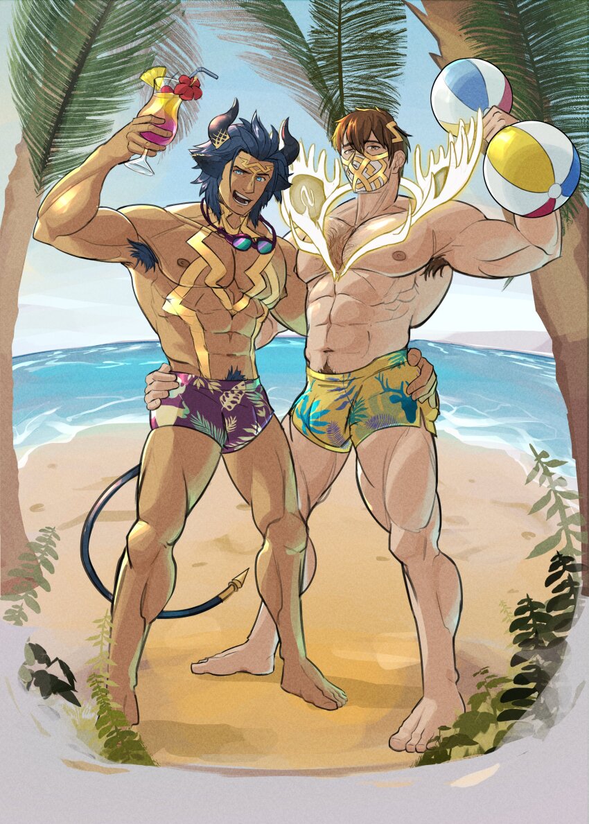 2boys abs absurdres animal_ears antlers armpit_hair askr_(fire_emblem) bara barefoot beach blue_eyes blue_hair brown_eyes brown_hair chest_hair commentary commission cow_boy cow_ears cow_horns cup dark-skinned_male dark_skin dumart_(dunbans) eikthyrnir_(fire_emblem) english_commentary fire_emblem fire_emblem_heroes glowing_antlers hand_on_another&#039;s_hip highres holding holding_cup horns large_pectorals looking_at_viewer male_focus male_swimwear mask mouth_mask multiple_boys muscular muscular_male nintendo nipples ocean pectorals print_male_swimwear short_hair tail variant_set