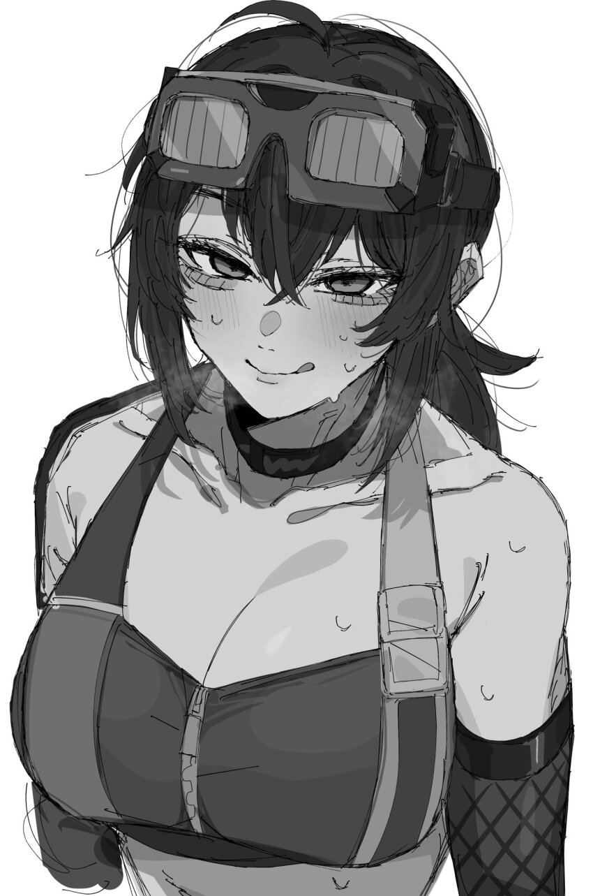 1girl :q blush breasts carrot_011 cleavage crop_top doodles eyewear_on_head grace_howard greyscale hair_between_eyes highres large_breasts long_hair looking_ahead monochrome nose_blush ponytail sidelocks simple_background smile solo sweatdrop tongue tongue_out upper_body white_background zenless_zone_zero