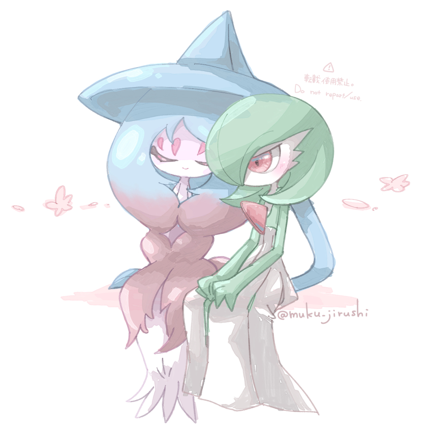 2girls absurdly_long_hair artist_name blue_hair blue_hat blush closed_eyes closed_mouth colored_skin creatures_(company) female_focus flat_chest full_body game_freak gardevoir gen_3_pokemon gen_8_pokemon gradient_hair green_skin hands_on_lap happy hat hatterene highres interspecies long_hair muku_jirushi multicolored_hair multicolored_skin multiple_girls nintendo no_mouth own_hands_together pink_hair pokemon pokemon_(creature) sidelocks signature simple_background sitting smile twitter_username two-tone_hair two-tone_skin u_u very_long_hair white_background white_skin witch_hat yuri