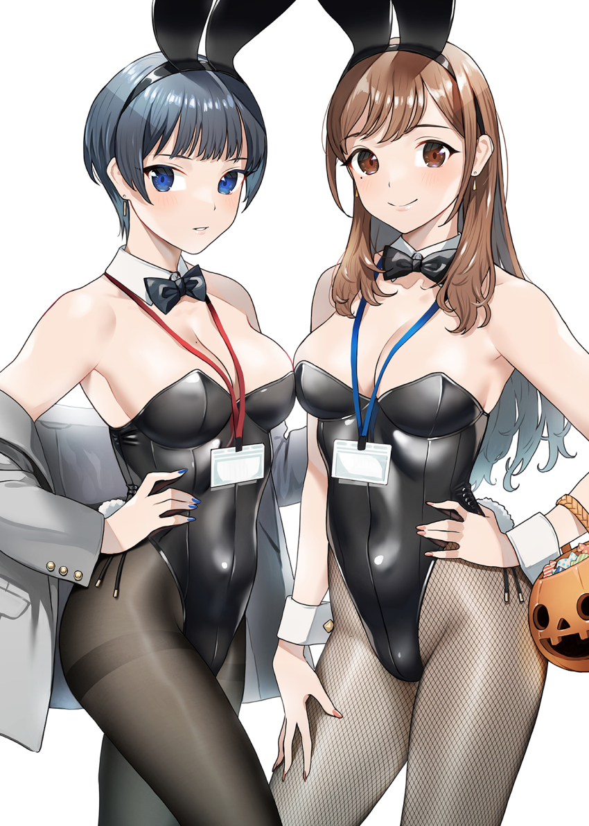 2girls animal_ears bare_shoulders black_bow black_leotard blue_eyes blue_nails bow bowtie breasts brown_eyes brown_hair candy cleavage commentary_request detached_collar doushimasho earrings fake_animal_ears fake_tail fingernails fishnet_pantyhose fishnets food grey_jacket halloween_bucket hand_on_own_hip highres id_card jacket jewelry large_breasts leotard long_hair looking_at_viewer medium_breasts mole mole_on_breast mole_under_eye multiple_girls nail_polish off_shoulder original pantyhose parted_lips playboy_bunny rabbit_ears rabbit_tail red_nails short_hair simple_background smile strapless strapless_leotard tail teeth thighband_pantyhose white_background white_wrist_cuffs wrist_cuffs