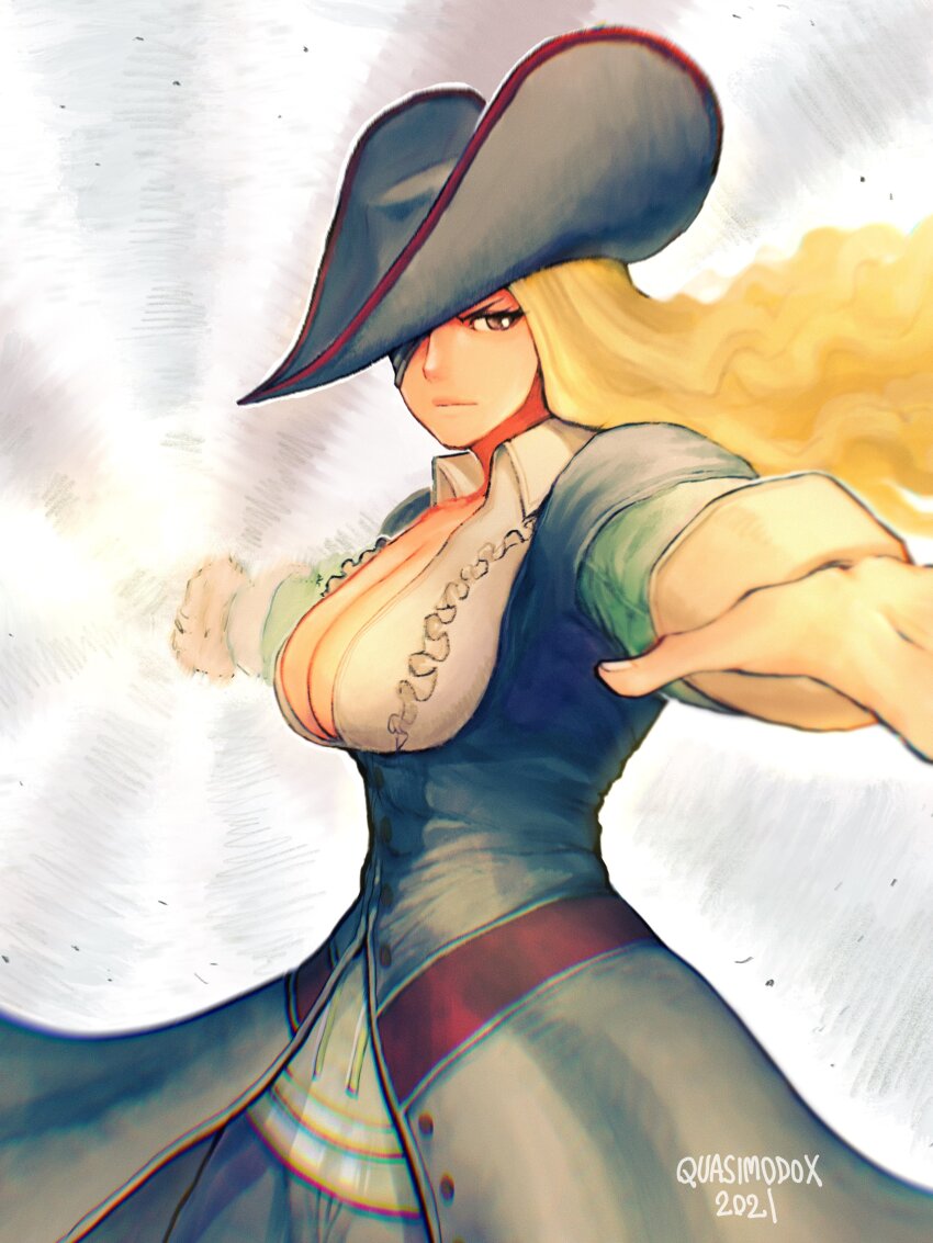 1girl absurdres anchor artist_name big_hair blonde_hair breasts capcom chain cleavage eyepatch frilled_shirt_collar frills hat hat_over_eyes highres holding holding_anchor holding_chain large_breasts long_hair long_sleeves marvel_vs._capcom marvel_vs._capcom_2 pants pants_tucked_in pirate pirate_hat puffy_pants quasimodox ruby_heart simple_background solo standing tricorne white_background