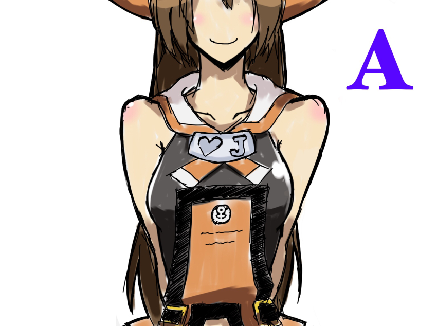 1girl bare_shoulders blush breasts brown_hair guilty_gear guilty_gear_xrd hat long_hair may_(guilty_gear) orange_hat pirate_hat small_breasts solo tamotu_kun