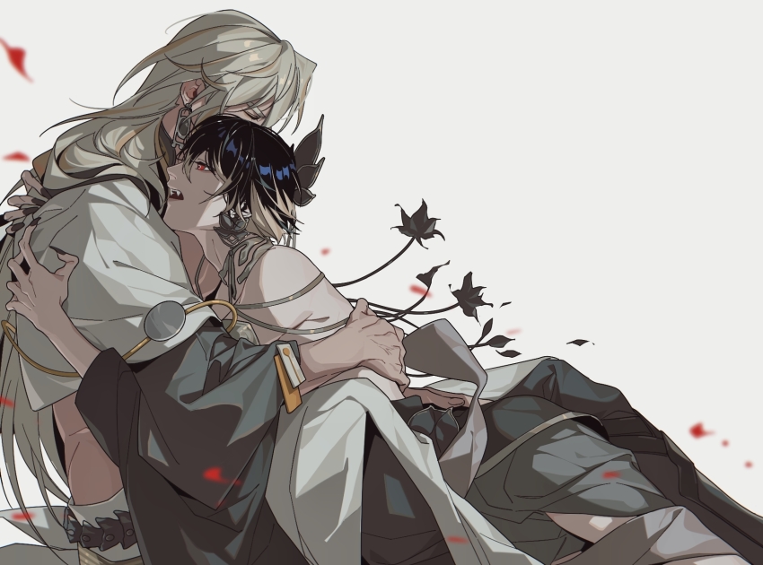 2boys asura_(onmyoji) black_hair fangs highres hug long_hair lotus_earrings megasus multiple_boys onmyoji profile red_eyes taishakuten_(onmyoji) white_background white_hair