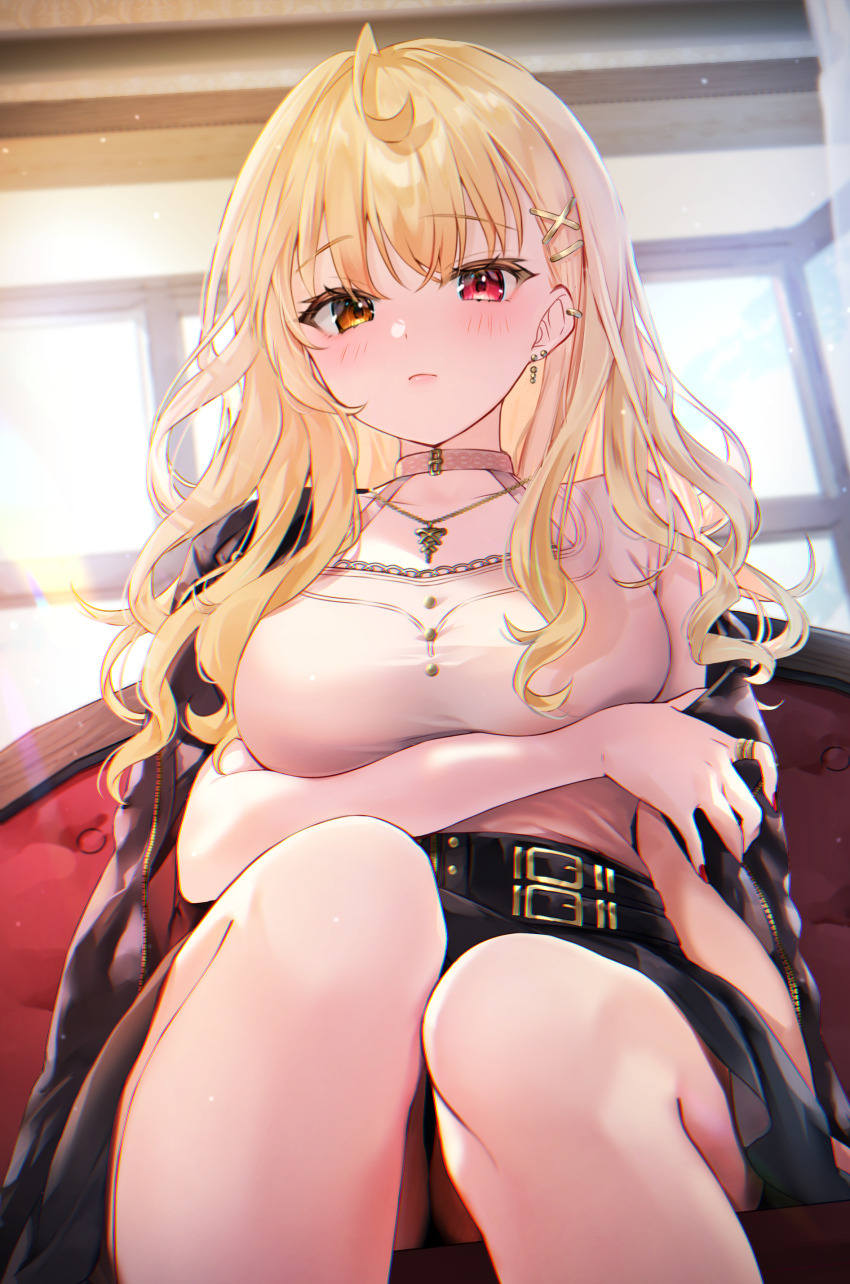 1girl absurdres ahoge arm_around_waist arm_support belt black_jacket black_skirt blonde_hair blunt_bangs blush breasts choker commentary_request couch ear_piercing earrings gold_trim hair_ornament hair_over_shoulder hairclip halterneck heterochromia high-waist_skirt highres hoshikawa_sara hoshikawa_sara_(8th_costume) indoors jacket jacket_on_shoulders jewelry knees_together_feet_apart large_breasts light_frown lips long_hair looking_at_viewer necklace nijisanji on_couch panties panty_peek piercing pink_shirt red_eyes red_nails ring shirt sitting skirt solo tojo_(natumi1412) underwear virtual_youtuber wavy_hair x_hair_ornament yellow_eyes