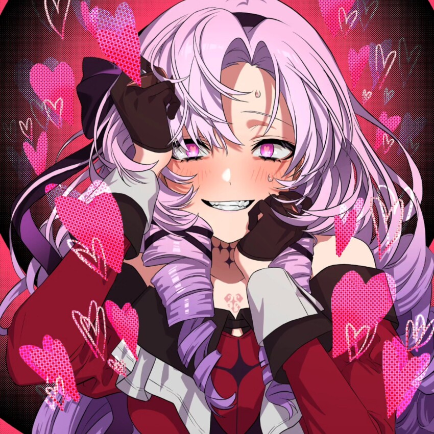 00_00mare 1girl bare_shoulders black_gloves blush breasts chest_tattoo claw_ring dress drill_hair drill_sidelocks gloves hair_ribbon hairband heart heart_in_eye highres hyakumantenbara_salome hyakumantenbara_salome_(1st_costume) juliet_sleeves light_purple_hair lips long_hair long_sleeves looking_at_viewer medium_breasts nijisanji off-shoulder_dress off_shoulder parted_bangs parted_lips puffy_sleeves purple_eyes purple_hairband purple_ribbon red_dress red_sleeves ribbon scorpion_tattoo sidelocks smile solo sweat symbol_in_eye tattoo teeth upper_body virtual_youtuber yandere