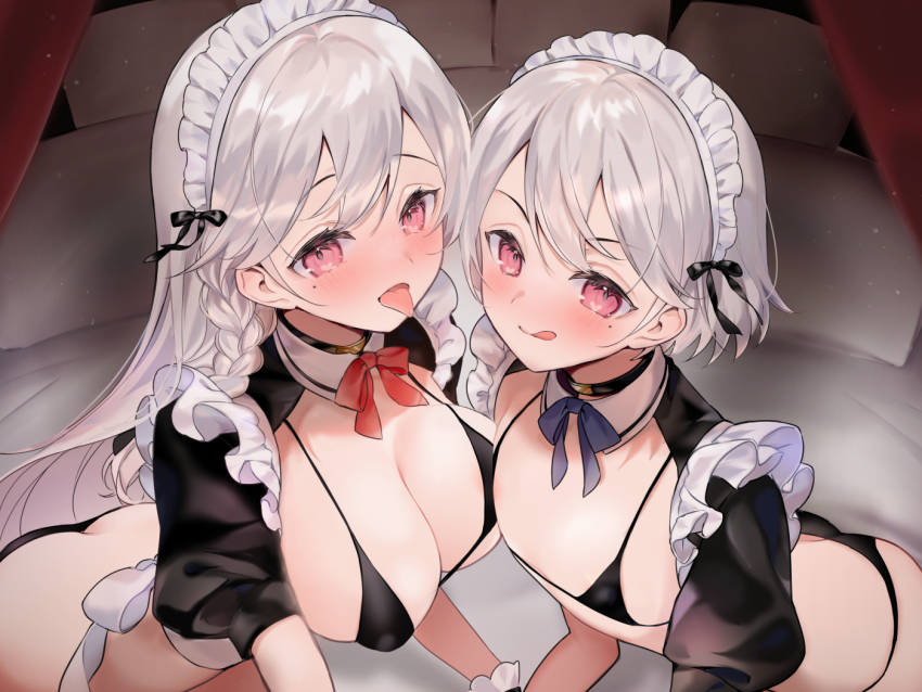 2girls ass bikini black_bikini blush breasts flat_chest large_breasts licking_lips long_hair looking_at_viewer maid maid_headdress multiple_girls open_mouth original purple_eyes short_hair silver_hair smile swimsuit tongue tongue_out yukimiya_yuge